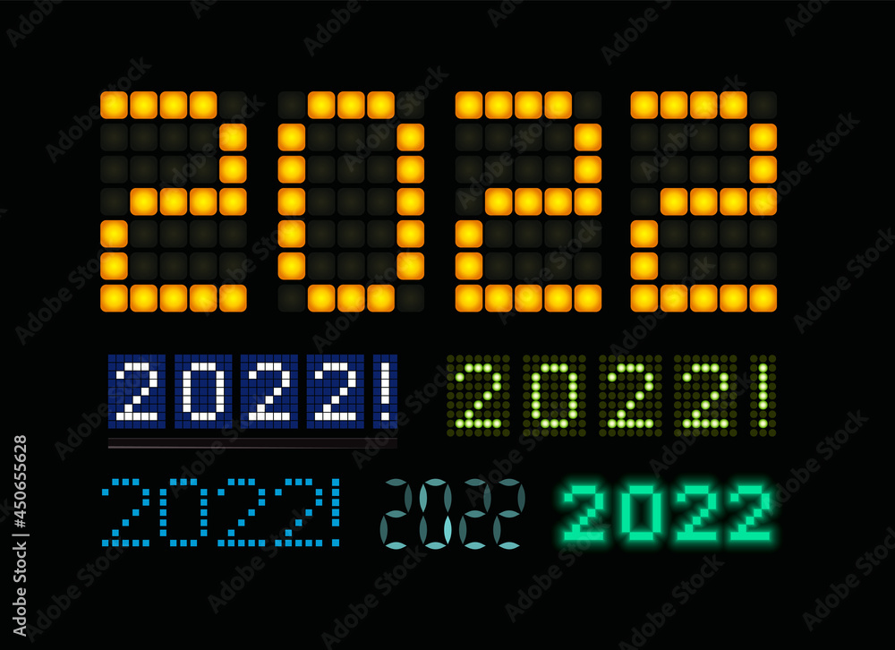 Happy New Year 2022 text led light design set. 20 22 glowing numbers on digital screen electric display scoreboard for xmas holidays branding, new year banner, hud, 2022 calendar cover, greeting card Happy New Year 2022 text led light design set. 20 22 glowing numbers on digital screen electric display scoreboard for xmas holidays branding, new year banner, hud, 2022 calendar cover, greeting card