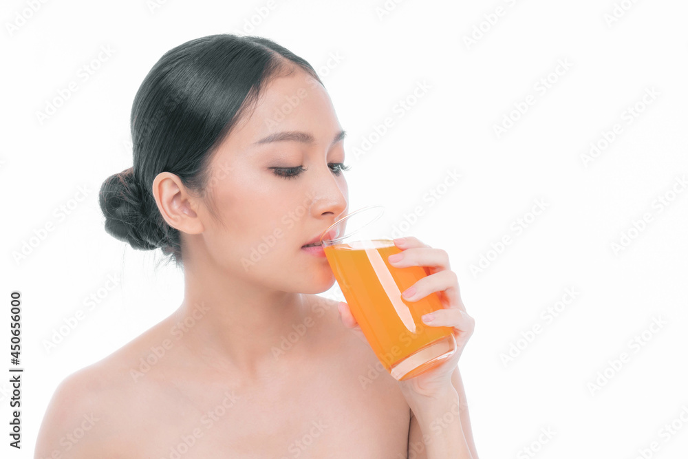 Beautiful beauty Asian woman cute girl feel happy drinking orange juice for good health isolated on white background - lifestyle beauty woman healthy concept Beautiful beauty Asian woman cute girl feel happy drinking orange juice for good health isolated on white background - lifestyle beauty woman healthy concept