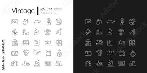 Vintage style linear icons set for dark and light mode. Collecting items with historical value. Customizable thin line symbols. Isolated vector outline illustrations. Editable stroke