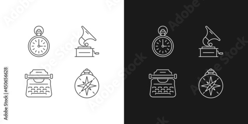 Old-fashioned items linear icons set for dark and light mode. Antique pocket watch. Gramophone records. Customizable thin line symbols. Isolated vector outline illustrations. Editable stroke