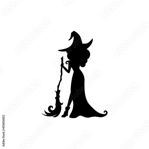 Witch with broom. Funny Hag in hat silhouette. Magic, fantasy.