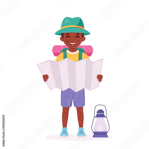 Black boy scout with map, backpack and sleeping bag. Camping, summer kids camp. Vector illustration
