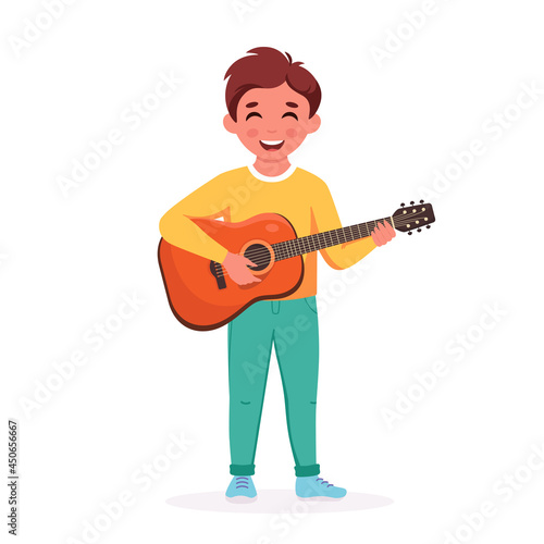 Little boy with guitar. Boy playing guitar. Child playing musical instrument. Vector illustration