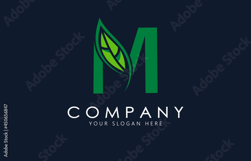 M Letter with green leaf logo template. Organic logo design.