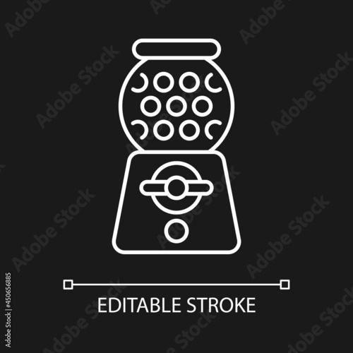 Gumball machine white linear icon for dark theme. Candy dispenser. Sphere filled with gumballs. Thin line customizable illustration. Isolated vector contour symbol for night mode. Editable stroke