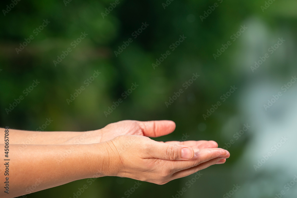 Man Hand over blur nature background, Hand holding object with fingers over blur nature background with empty space. Man Hand over blur nature background, Hand holding object with fingers over blur nature background with empty space.