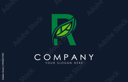 R Letter with green leaf logo template. Organic logo design.