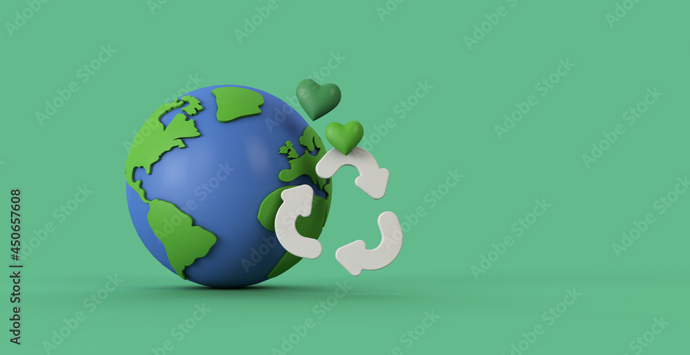 Global recycling. Earth model with a recycle symbol. 3d rendering Global recycling. Earth model with a recycle symbol. 3d rendering