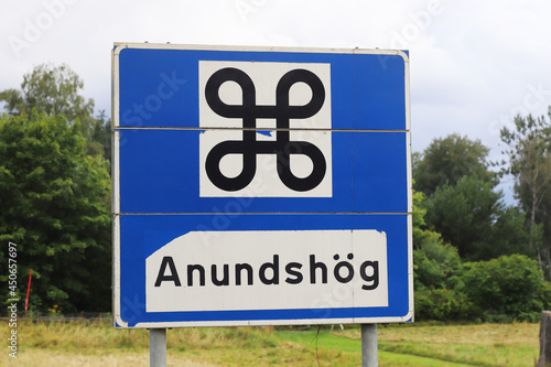 Road sign at the tumulus  Anundshog  hertiage site near Vasteras in the Swedish province of Vastmanland. photo