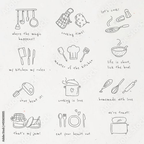 Cute kitchen utensil doodle sticker set vector