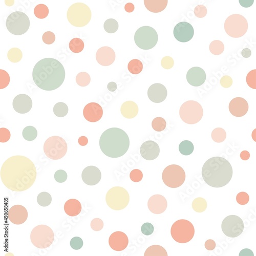 Seamless abstract pattern of circles of different colors and size on white background. Kaleidoscope