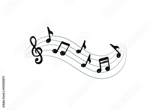 Vector doodle music design element, hand drawn illustration, black lines, notes, white background.