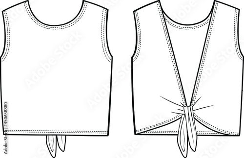 women tie back sleeveless t shirt flat sketch front and back view vector illustration