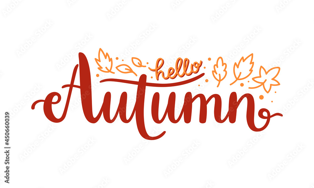Hand lettering phrase hello Autumn. Vector calligraphy with doodle leaves isolated on white background. Typography illustration for seasonal postcard, social media, web banner, or sticker. Hand lettering phrase hello Autumn. Vector calligraphy with doodle leaves isolated on white background. Typography illustration for seasonal postcard, social media, web banner, or sticker.