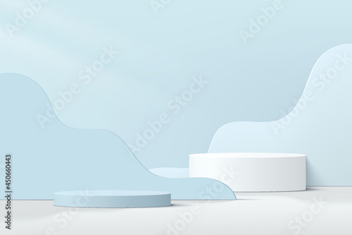 Abstract 3D white, blue cylinder pedestal podium with light blue layered wavy shape backdrop. Pastel blue minimal wall scene for product display presentation. Vector geometric rendering platform.