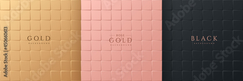 Set of abstract 3D luxury gradient golden, Pink gold and Black square pattern background. Seamless geometric tile collection. Can use for cover, poster, banner web, flyer, Print ad. Vector EPS10