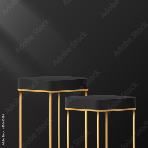 Abstract 3D black and gold round corner cube pedestal or stand podium with luxury dark minimal wall scene for product display presentation. Vector geometric rendering platform design.
