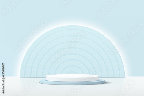 Abstract 3D white, blue cylinder pedestal podium with glowing light blue semi circle backdrop. Pastel blue minimal wall scene for product display presentation. Vector geometric rendering platform.