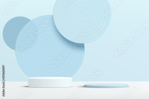 Abstract 3D white, blue cylinder pedestal podium with blue circle glass overlap layers backdrop. Pastel blue minimal wall scene for product display presentation. Vector geometric rendering platform.