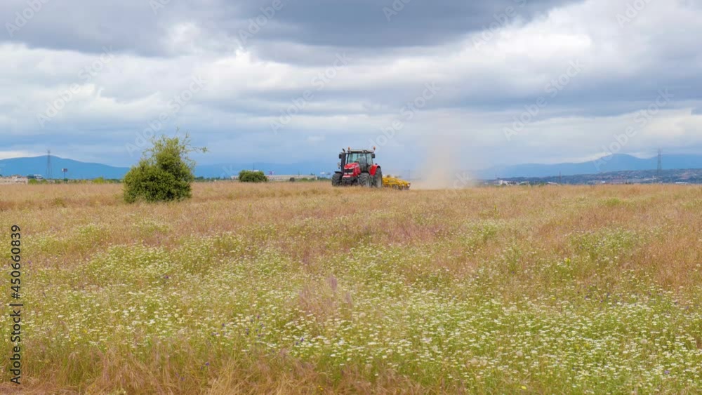 tractor kicking up a cloud of dust while going through flower field with mountains in the background tractor kicking up a cloud of dust while going through flower field with mountains in the background