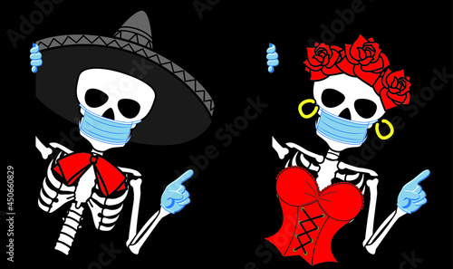Skeleton man in sombrero and skeleton woman in mouth mask and gloves peep and point your finger. Day of the Dead vector illustration.