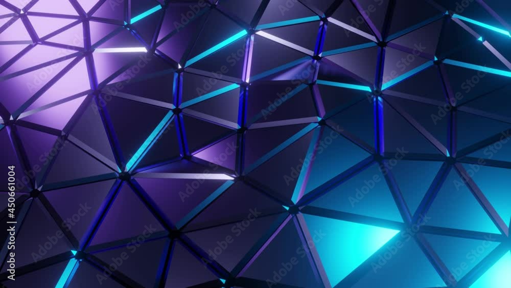 Abstract neon polygonal animation of waving surface. Bright stylish background made from triangles. VJ 3D animation of low poly blue and purple shapes in chaotic motion. Seamless loop. Abstract neon polygonal animation of waving surface. Bright stylish background made from triangles. VJ 3D animation of low poly blue and purple shapes in chaotic motion. Seamless loop.