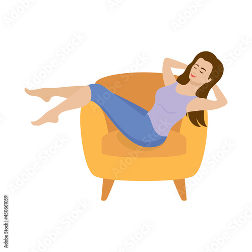 Young woman relaxing in an armchair icon vector. Woman resting with hands behind her head vector. Woman sitting in a yellow chair icon isolated on a white background