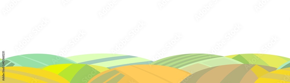 Obraz premium Rural landscape with garden farmer hills. Cute funny cartoon design. Horizontally background seamless illustration. Flat style. Autumn harvest. Isolated Vector