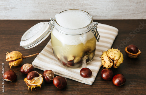 Homemade natural liquid laundry soap. Soaking horse chestnut, Aesculus hippocastanum in water, witch containing natural saponin the cleaning matter.  photo