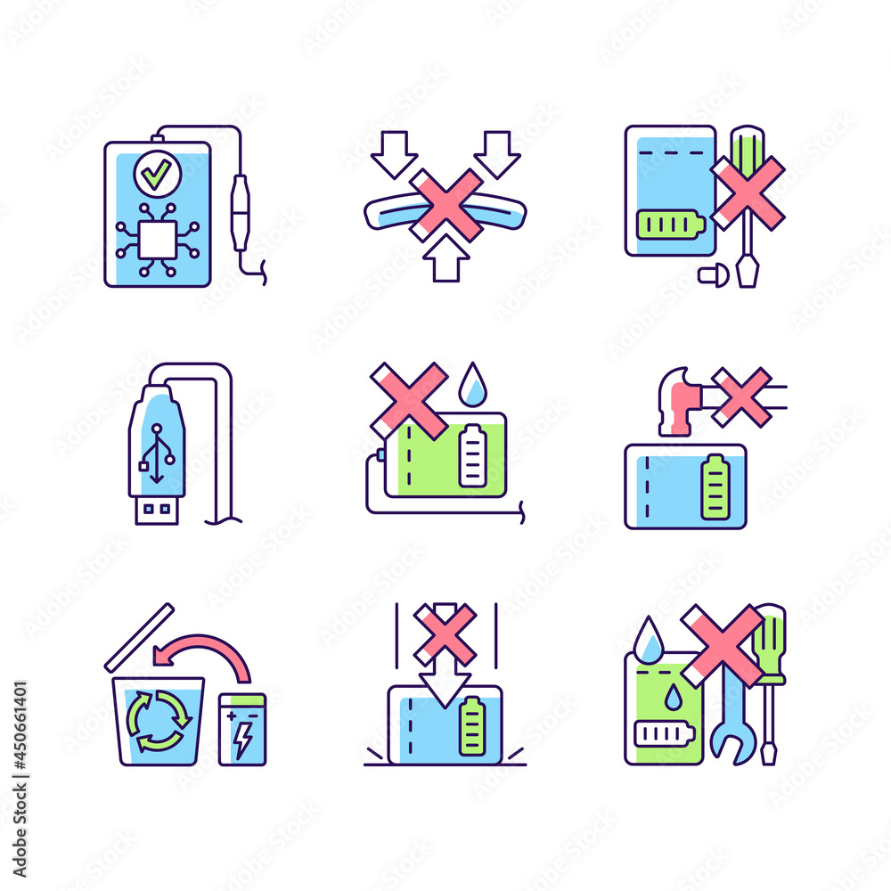 Power bank instruction RGB color manual label icons set. Avoid short-circuiting risk. E-waste. Isolated vector illustrations. Simple filled line drawings collection for product use instructions Power bank instruction RGB color manual label icons set. Avoid short-circuiting risk. E-waste. Isolated vector illustrations. Simple filled line drawings collection for product use instructions