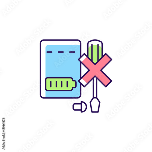 Dont disassemble powerbank RGB color manual label icon. Do not dismantle battery pack. Avoiding attempt to repair. Isolated vector illustration. Simple filled line drawing for product use instructions