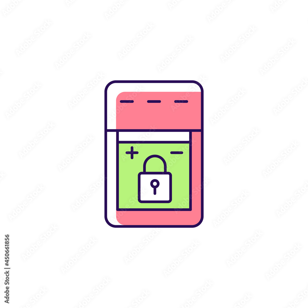 Non-replaceable battery RGB color manual label icon. Powerbank with non-removable battery. Device vital component. Isolated vector illustration. Simple filled line drawing for product use instructions Non-replaceable battery RGB color manual label icon. Powerbank with non-removable battery. Device vital component. Isolated vector illustration. Simple filled line drawing for product use instructions