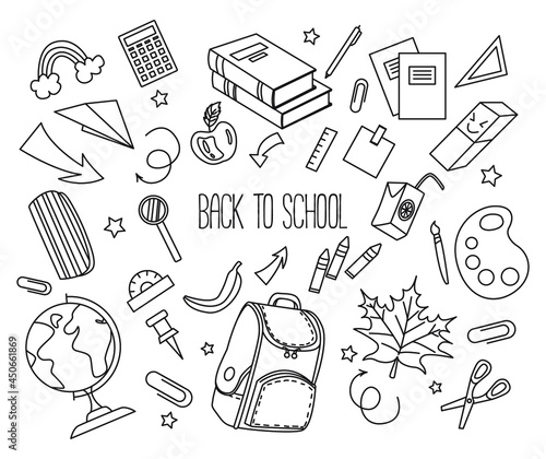 Set Back to Shcool. Hand drawn doodle vector of education elements. Backpack, books, notebooks, rulers, pencils, pen, globe, apple, juice, eraser, palette.