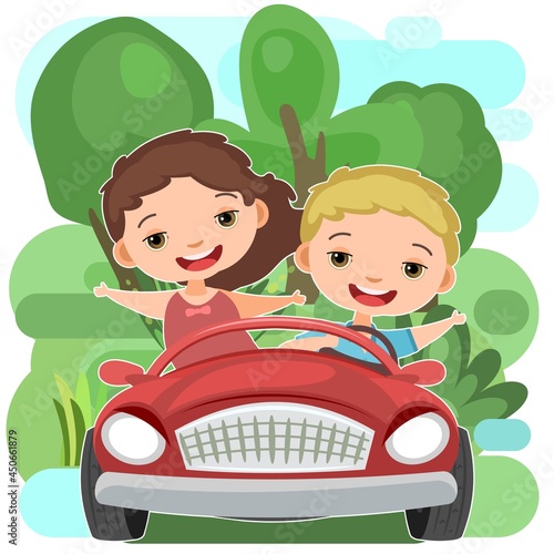 Childrens trip in a small car. Kid drives a pedal or electric toy automobile. Trees. Cartoon illustration. Isolated. Summer rural landscape. Vector