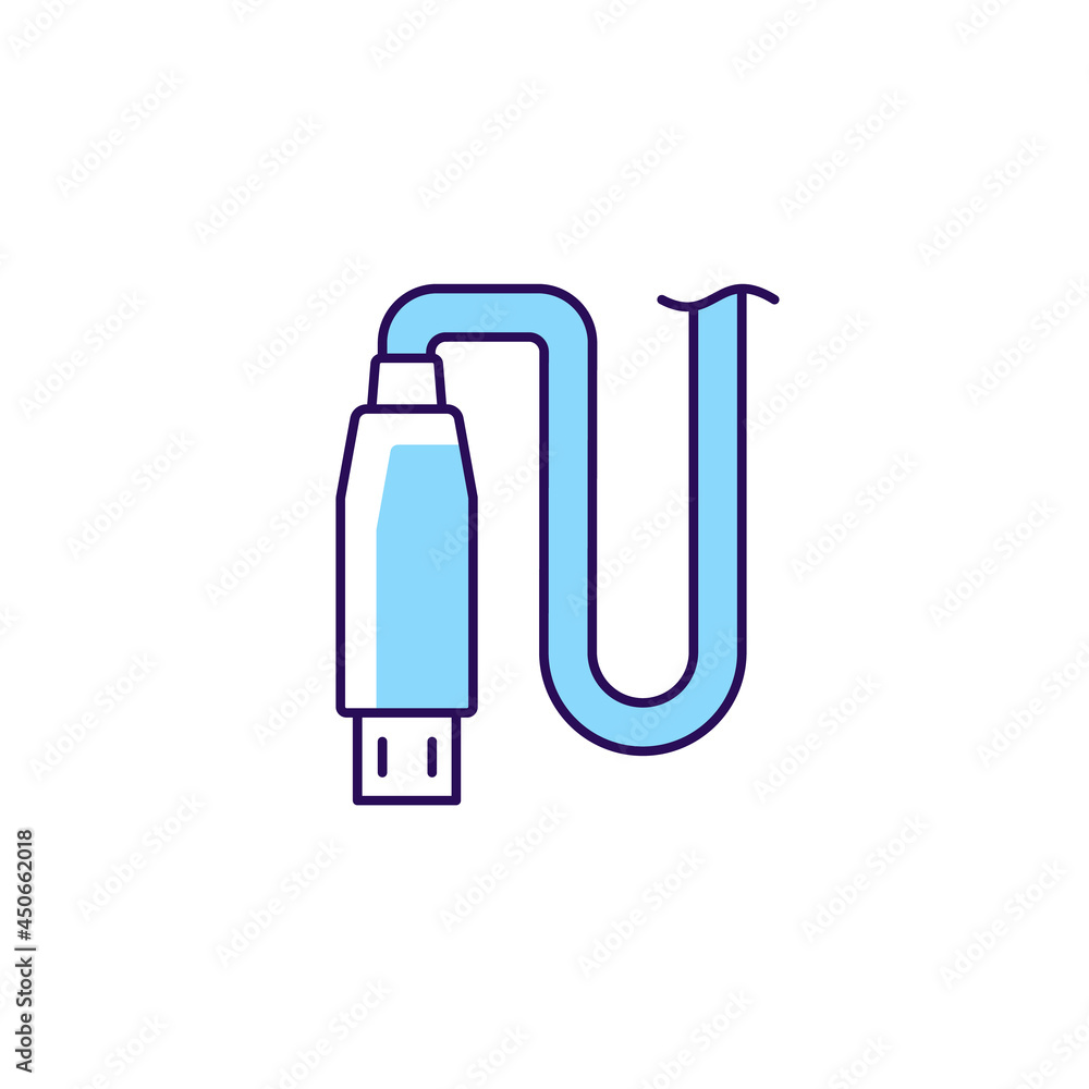 Micro USB output RGB color manual label icon. Connector type. Connecting device to USB port. Using micro input. Isolated vector illustration. Simple filled line drawing for product use instructions Micro USB output RGB color manual label icon. Connector type. Connecting device to USB port. Using micro input. Isolated vector illustration. Simple filled line drawing for product use instructions