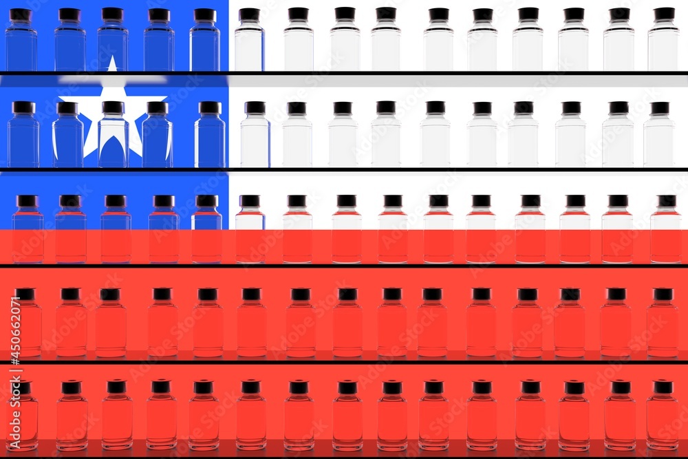 Medical vaccine vials and flag of Chile, vaccination related conceptual 3D rendering Medical vaccine vials and flag of Chile, vaccination related conceptual 3D rendering