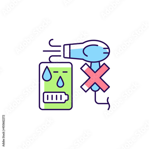 No hair dryer if powerbank wet RGB color manual label icon. Overheating plastics hazard. Moisture build up inside. Isolated vector illustration. Simple filled line drawing for product use instructions