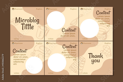 Microblog carousel slides template for social media with hand drawn bakery elements, soft colors, for any business especially for bakery, cafe, restaurant, cakery, etc.