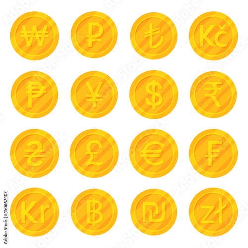 Set of golden coins most used currency symbols icon