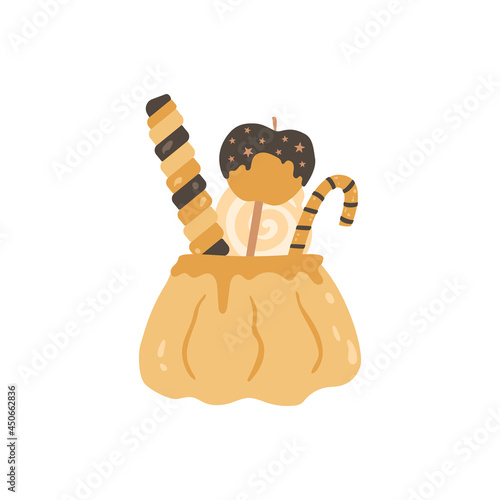 Halloween treats in pumpkin cauldron. Apple with caramel glaze, candy, lollipops in pot. Party sweets, sticker, holiday decor. Isolated element, vector illustration.