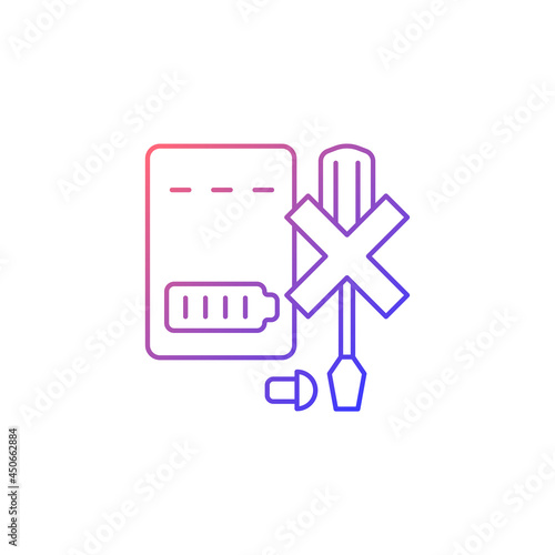 Dont disassemble powerbank gradient linear vector manual label icon. Dont dismantle. Thin line color symbol. Modern style pictogram. Vector isolated outline drawing for product use instructions