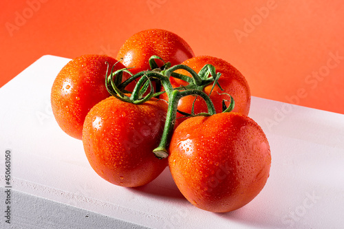 Photograph of a branch of five wet natural tomatoes on a white table and a red background.The photo is taken in horizontal format. photo