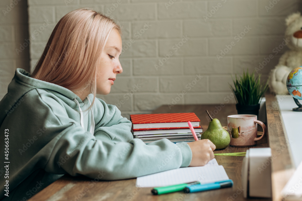 Pretty blonde teenage girl in home clothes doing homework,making notes in notebook at home at her desk.School concept. Pretty blonde teenage girl in home clothes doing homework,making notes in notebook at home at her desk.School concept.
