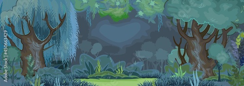 Forest glade in the evening. Dark trees at night. Playground. Edge with grass and hills. Meadow and bushes. Beautiful and graceful trees, grass. Flat style. Cartoon design. Vector