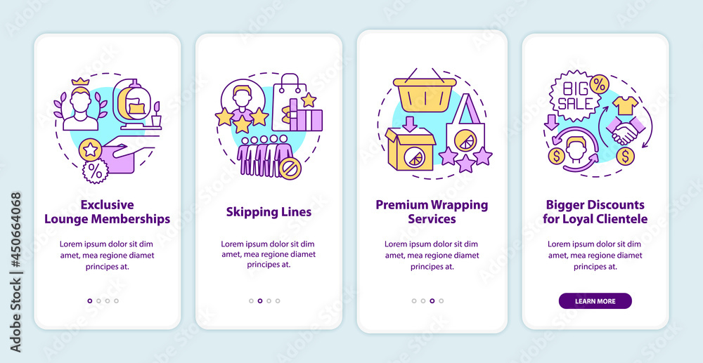 Loyalty program perks onboarding mobile app page screen. Benefits for loyal clients walkthrough 4 steps graphic instructions with concepts. UI, UX, GUI vector template with linear color illustrations