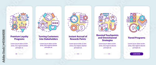 Loyalty program tendencies onboarding mobile app page screen. Reward program walkthrough 5 steps graphic instructions with concepts. UI, UX, GUI vector template with linear color illustrations