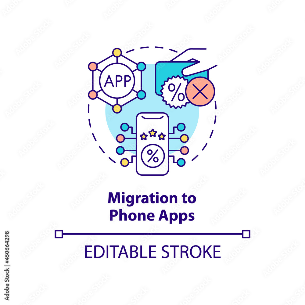 Migration to phone apps concept icon. Rewards in app abstract idea thin line illustration. Online customer loyalty program. Clients service. Vector isolated outline color drawing. Editable stroke Migration to phone apps concept icon. Rewards in app abstract idea thin line illustration. Online customer loyalty program. Clients service. Vector isolated outline color drawing. Editable stroke