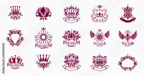 Classic style De Lis and crowns emblems big set, lily flower symbol ancient heraldic awards and labels collection, classical heraldry design elements, family or business emblems.