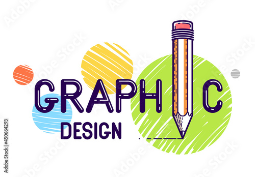 Graphic word with pencil instead of letter I, designer and artist, vector conceptual creative logo or poster made with special font.