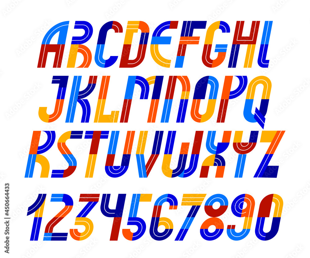 Sport game font, vector retro trendy geometric alphabet letters set, italic speed typeface, numbers included, 90s style logo creation.